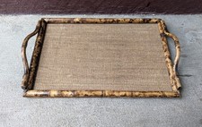 Vintage MCM Burnt Bamboo Serving Tray Woven Asian Boho Chic Tiki Handles N82 picture