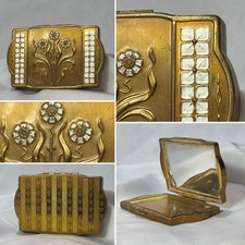 Vtg Van Ace Fifth Avenue Compact Inlaid MOP Look Floral Mirrored Powder Box picture