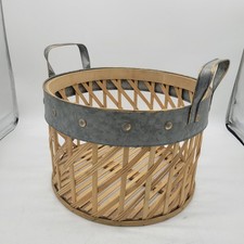 Round Woven Bamboo Basket Galvanized Metal Handles +Trim Farmhouse Style Damaged picture