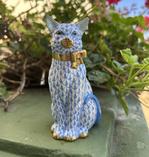 Herend Hungary Handpainted Porcelain Cat Figurine Blue Fishnet Pattern Gold picture