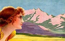 Artist Signed Vintage Postcard - Lady  with Mountaind on the Background  (42) picture