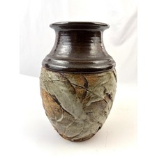 Vintage Studio Art Pottery Vase Impressed Leaf Design Rustic Stoneware Glaze picture