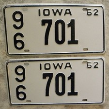 1962 Original Pair Iowa License Plates,Low #96-701, Decorah,Winneshiek County IA picture