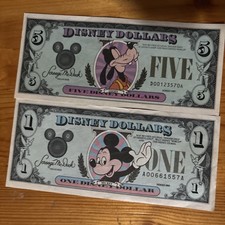 Two vintage Disney Dollars, Series 1987 Goofy Five Dollar and 1989 Mickey $1 picture
