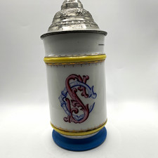 Antique 1/2L Porcelain Beer Stein Floral Pewter Lid w/ Lithophane Base picture