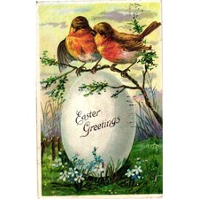 Vintage 1908 Easter Greetings Postcard Birds Large Egg Made in Germany 1900s PA picture