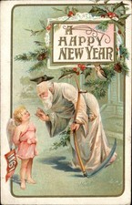 New Year's Santa Claus and Angel Fantasy Embossed c1900s-10s Vintage Postcard picture
