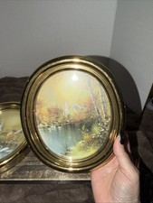 VTG HOMCO 2 Swan Lake  And Church Oval Gold Wall Pictures 7.75” Cottage Core picture