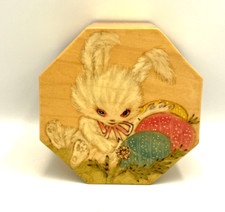 Vintage Octagonal Wooden Trinket Storage Box Bunny Rabbit Easter Eggs picture