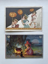 Pair of  Antique 1907-1909 Halloween Postcards Embossed Pumpkin Witch Cauldron  picture