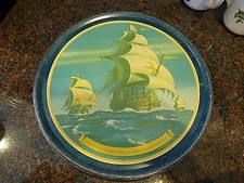 Large Antique Tin Jamestown Colony Ships FFV Famous Foods Virginia Dogwood motif picture