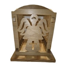 Handmade Pine Candle Holder – Angel & Love Design, 6” Tall, 4.5” Square, 8 oz picture