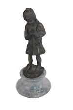 Old Bronze Girl With Cat Statue On Marble Base 9