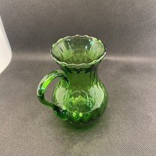 Green Glass 4 1/2” Pitcher Creamer Ribbed Syrup Optic Vase Applied Handle picture