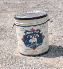 Vintage 1940s Farmer Peet's Kettle Rendered Lard Tin Pail Lid Pig Michigan 50lb picture