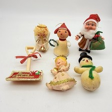 Lot of 6 Vtg Christmas ornament Snowman, Santa, Angel, Shovel Flocked, Handmade picture