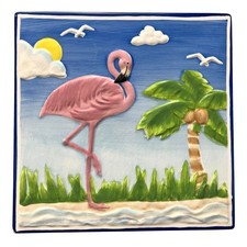 Tropix Tropical Flamingo Palm Tree Ceramic Wall Art Plaque 8x8 Coastal Decor picture