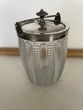 Antique EAPG Pressed Glass Paneled Dew Drop  Biscuit Jar Silver Lid & Handle picture