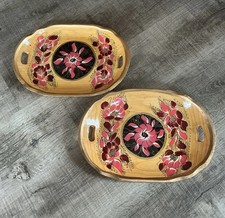 Pair Vintage Mexican Folk Art Batea Wooden Trays Hand Painted Floral Set of 2 picture