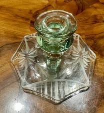 Vintage art deco green candlestick holder with etched base, depression era picture