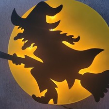 VTG ATICO Light Up Halloween Witch On Broom w/ Full Moon Retro Decor WORKS picture