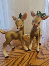 Vintage pair of Josef porcelain ceramic Holly Berry Deer ( Set of 2 ) picture
