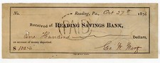 1874 Signed George W Wertz son Samuel Feed Store Reading PA Savings Bank Check picture