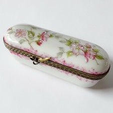Vintage FM Limoges France Porcelain Trinket Box Pink Flowers Scissors Clasp picture