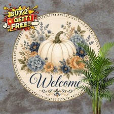 Welcome Autumn Pumpkin Wreath Country Farmhouse Round Metal Sign 8x8 picture