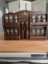 (84A) Vintage Gail Craft Wooden Spice Rack Glass Apothecary Spice Jars/S & P picture
