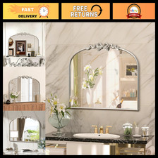 Antique Arched Silver Vanity Mirror 32x24 - Vintage Bow Design, Elegant Home Dec picture