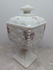 Westmoreland Milk Glass Roses & Bows Beaded Pedestal Wedding Jar Bowl Lid 7 5/8