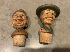 Vtg ANRI Hand Carved Wooden Bottle Stoppers Man and Woman Italy picture
