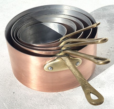 Vintage French Copper Saucepan Pan Set of 5 Bronze Handles Aluminium Lining picture