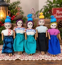 Vintage Handmade Folk Art Cloth Doll Ornaments Set of 5 6
