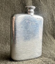 Vintage 1977 Selangor Pewter Hip Flask Leather Grain Stuck Cap Marked Malaysia picture