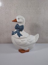 Vintage Goose Ceramic Cookie Jar Blue Ribbon Bow Orange Feet Cottage Core 13.5” picture