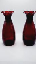 Ruby Red Vintage Ruffled Glass Bud Vases pair of 7