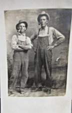 c1910 RPPC Real Photo Postcard 2 Men Farmers in Overalls and Hats Smoking Pipes picture