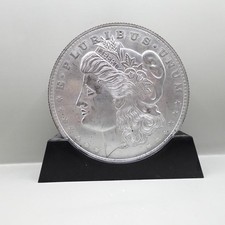 Vintage Silver Toned Morgan Silver Dollar Piggy Standing Coin Bank 6 Inch Round picture