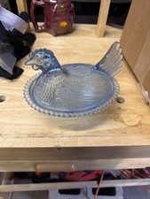 Vintage Indiana Glass Blue Hen On Nest Glass Covered Candy Dish 7in Beaded picture