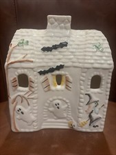 Vintage Halloween Belleek Ireland Porcelain Haunted House Tea Light Witch Ghost picture