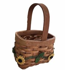 Woven Basket With Handle, Wooden Sunflowers & Leaves Vines - VTG 9.75X 6” X 5” picture
