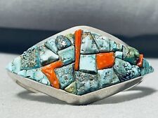 STUNNING SIGNED NAVAJO TURQUOISE CORAL INLAY STERLING SILVER BRACELET picture