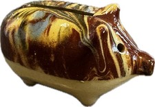 Antique Glazed Pottery Stoneware Pig Piggy Bank Hole Eyes Drip Glaze Yellow Ware picture