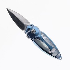 Rike Mini Cicada Folding Knife 1.26 in Blue Titanium/Mother of Pearl Damasteel picture