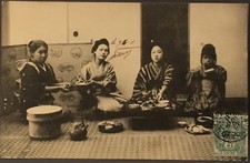 Japan~Women Sit Together Eat Meal Drink Tea~Old Postcard Mailed From China 1911 picture