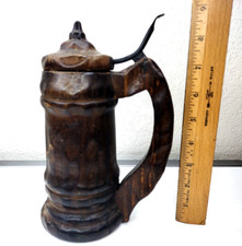 Antique Wooden Stein w Lid & Handle Handcrafted Bavarian Rustic Dark Stain 9