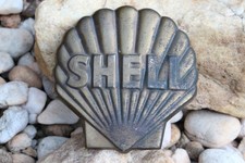 VINTAGE SHELL GAS & OIL BRASS BRONZE SHELL EMBLEM OLD ADVERTISING LOGO MEDALLION picture