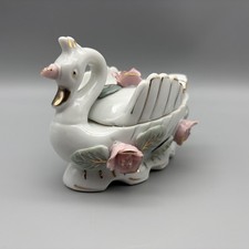 Vintage Porcelain Swan Trinket Box Pink Roses Gold Trim Japan Lid Oval picture